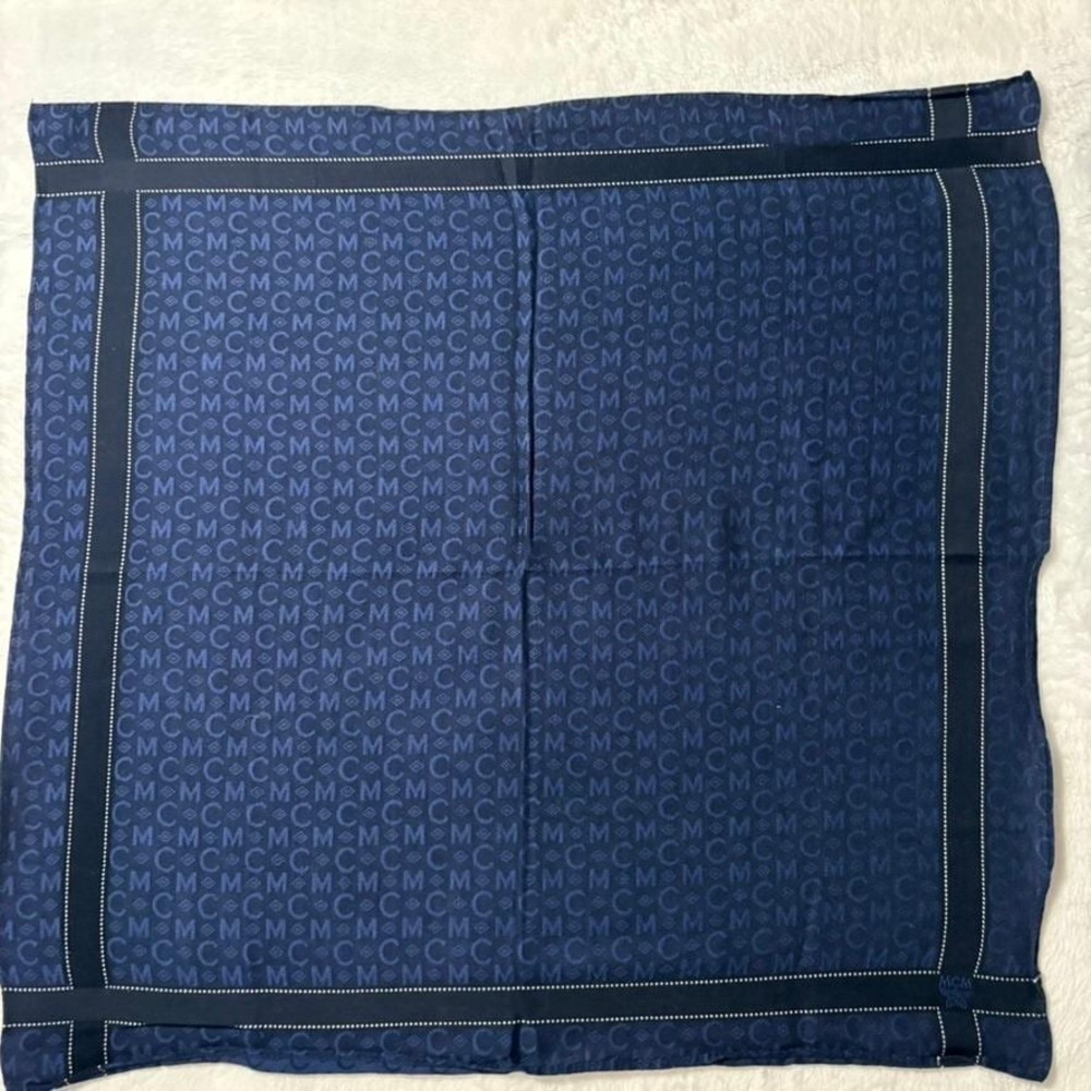 Vtg MCM Scarf Handkerchief Monogram Navy Blue Brown Gray 18"